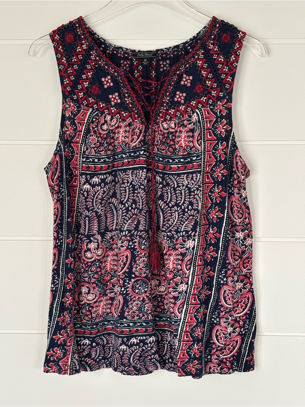 Lucky Brand Red Whie & Blue Paisley Lace-Up Sleeveless Top Women's Size Medium